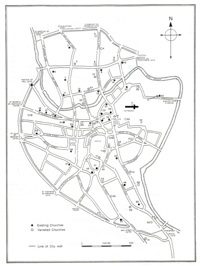 Churches that were standing in 1458, when John Paston became patron of Hungate, with those that were closed and demolished in the 1550s marked. (Map © Phillip Judge)